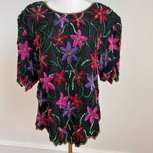Laurence Kazar Black Top with Pink and Purple Floral Sequins